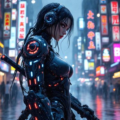 The primary subject of the image is a woman dressed in futuristic armor, standing in a city with neon lights and signs. The setting is a busy city street with people and various signs. The visual style is a digital art or illustration, creating a futuristic and vibrant atmosphere. The colors and mood are predominantly neon and futuristic, with a sense of excitement and energy.